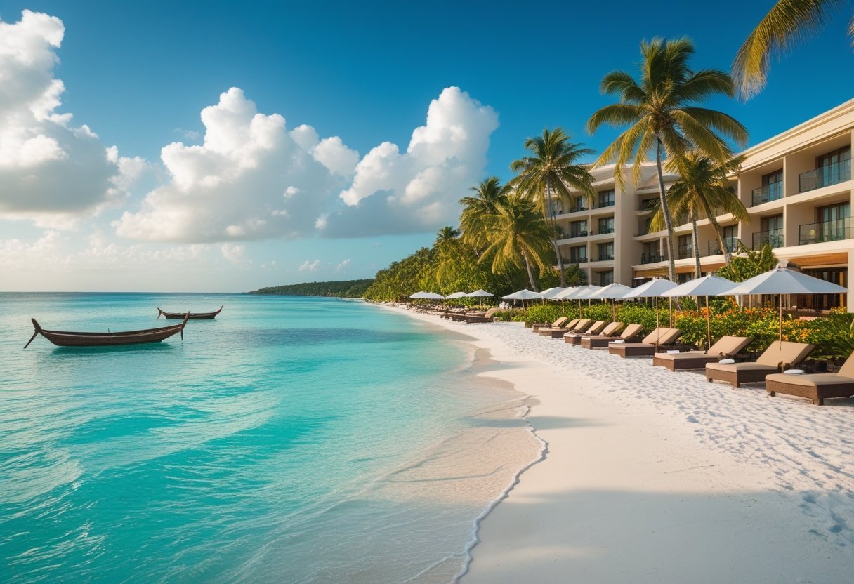 Beachfront hotel surrounded by palm trees and clear turquoise water under a bright blue sky.