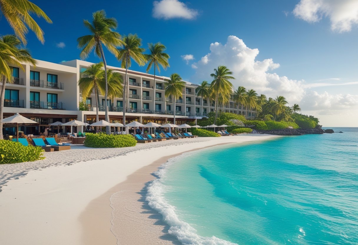 A tropical beachfront hotel with palm trees, clear blue ocean, white sandy beach, and guests enjoying pool and beach amenities.