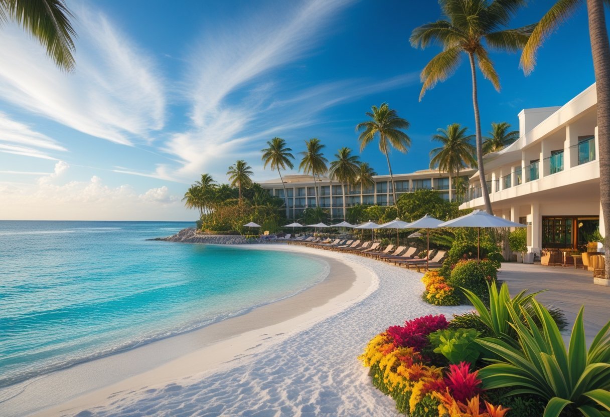 A luxurious beachfront hotel surrounded by palm trees and tropical plants with clear blue ocean and white sandy beach in San Blas, Panama.