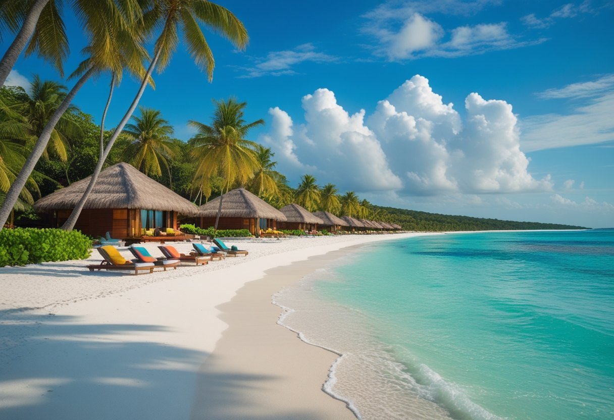 A tropical beachfront resort with palm trees, white sand, turquoise water, and wooden bungalows in San Blas, Panama.