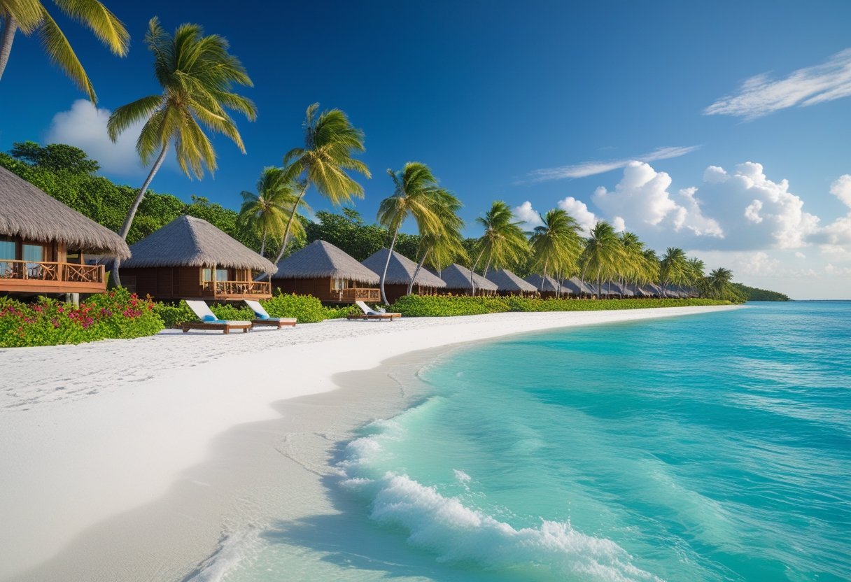 A tropical island resort with white sandy beaches, palm trees, clear turquoise water, and wooden overwater bungalows under a clear blue sky.