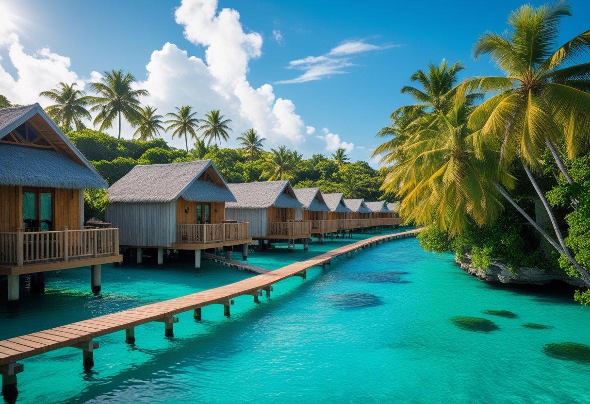 Wooden cabins on stilts over clear turquoise water surrounded by tropical trees under a blue sky.