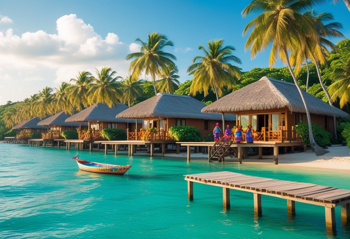 Beachfront hotel with thatched-roof bungalows over clear turquoise water, palm trees, a wooden dock with a small boat, and local indigenous people in traditional clothing nearby.