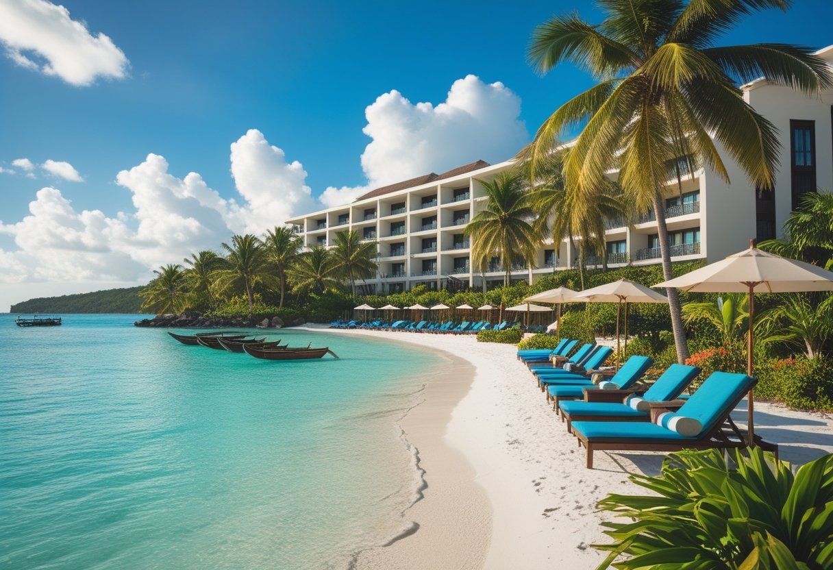 A beachfront hotel in San Blas, Panama with palm trees, turquoise water, white sand beach, and lounge chairs under umbrellas.