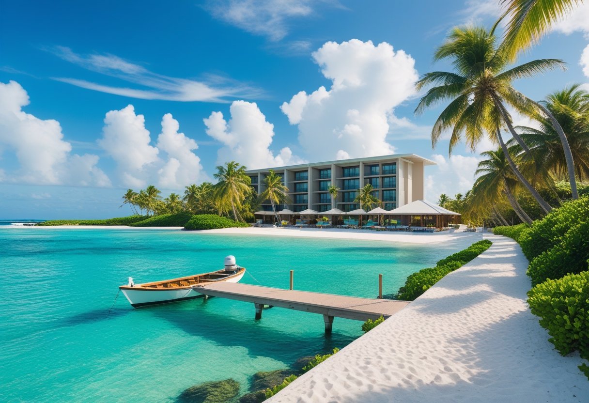A beachfront hotel in San Blas, Panama with palm trees, clear turquoise water, a small dock with a boat, and a pathway leading to the hotel under a blue sky.