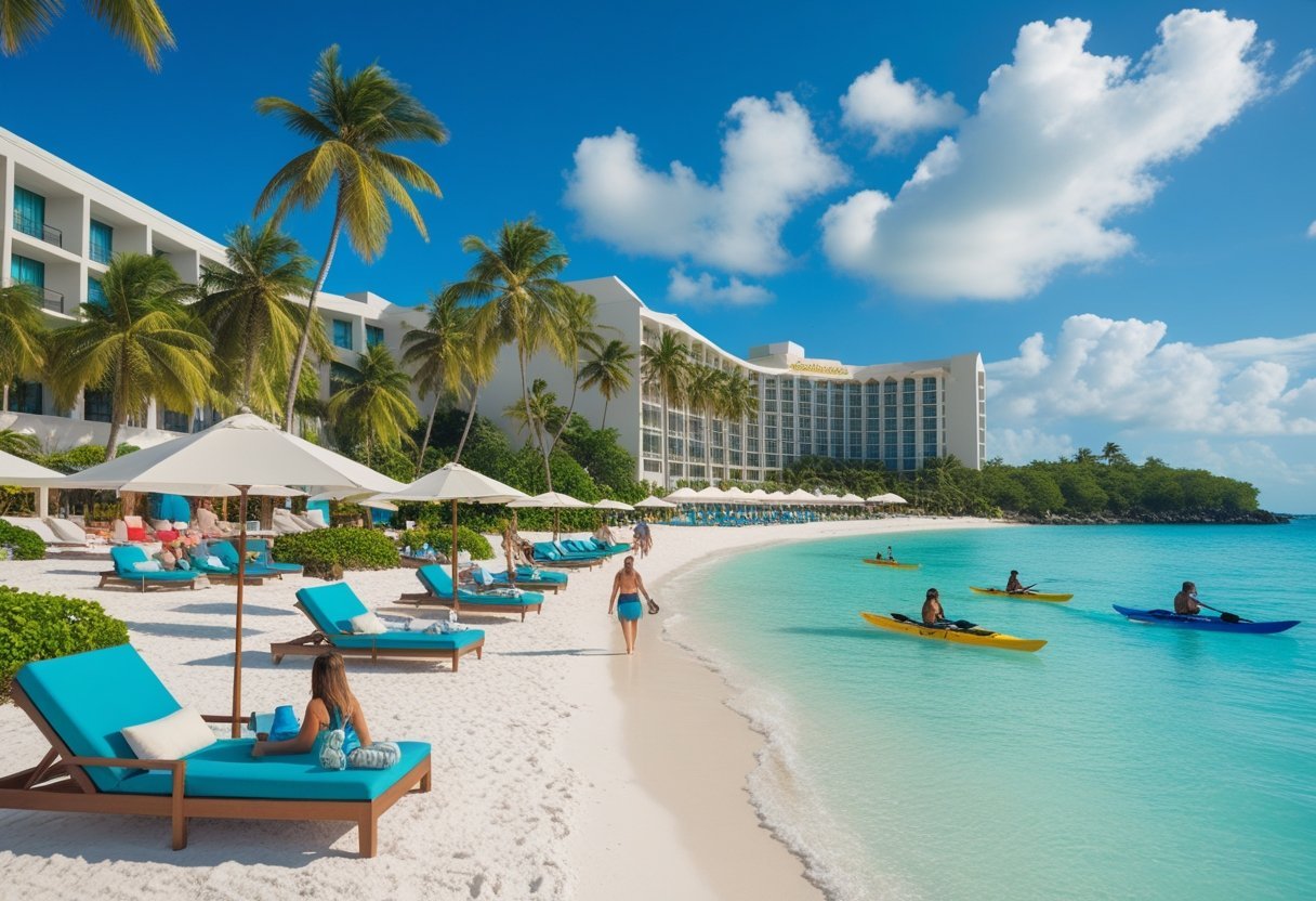 A beachfront hotel in San Blas, Panama with palm trees, clear turquoise water, and people enjoying beach activities.