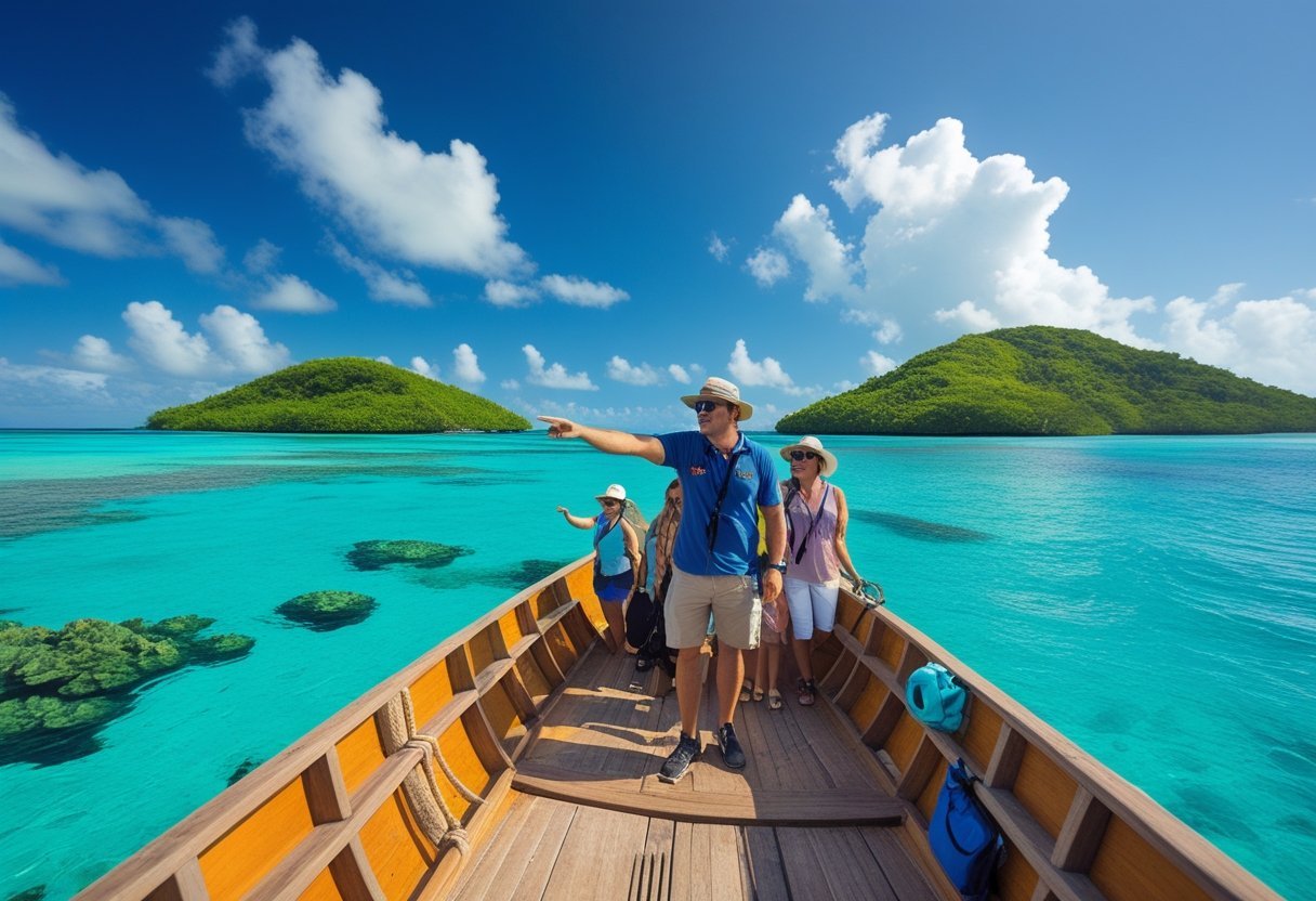 A boat guide leading tourists through clear turquoise waters near tropical islands with white sandy beaches and blue sky.
