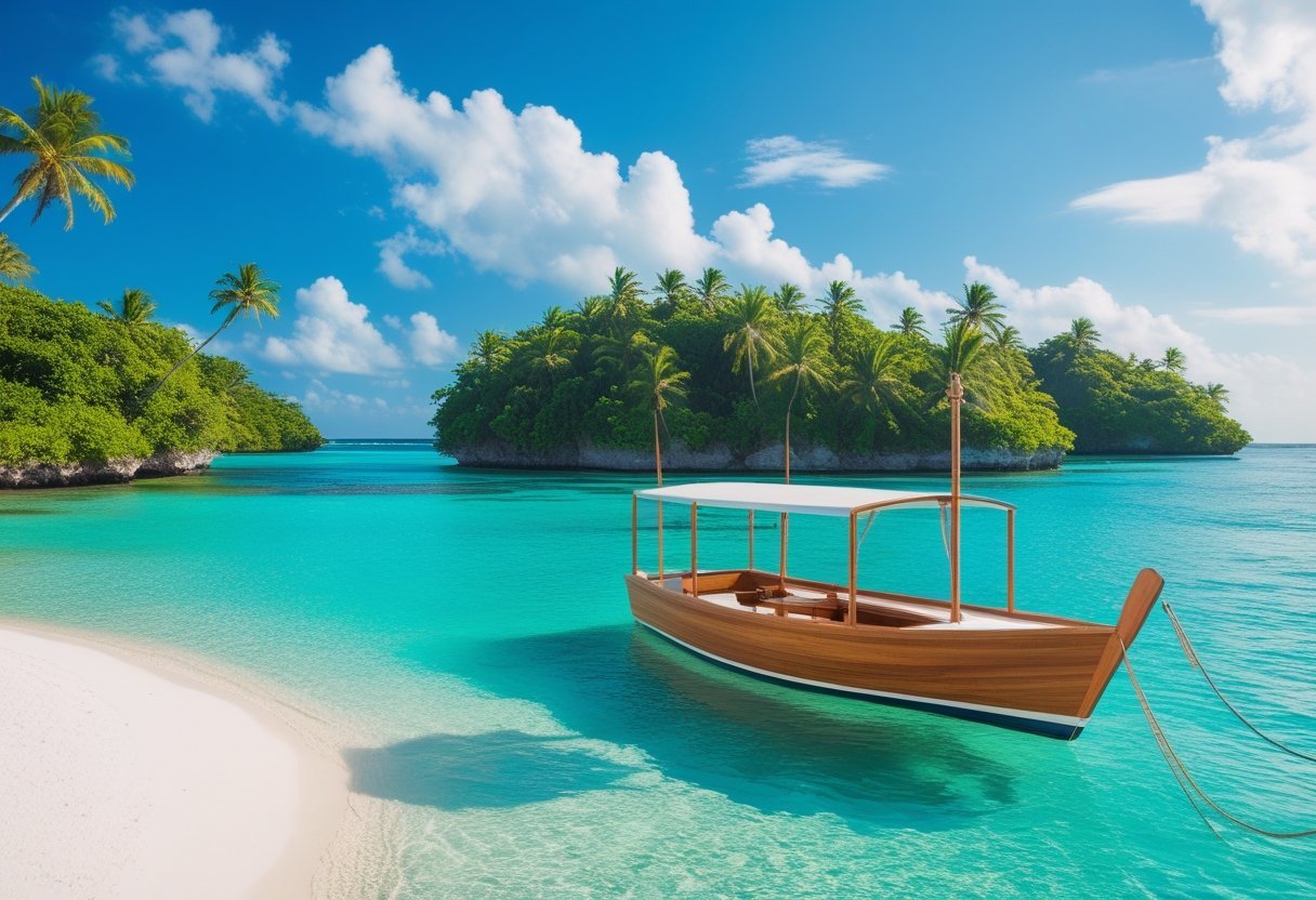 A wooden boat anchored near a white sandy beach with small tropical islands and palm trees surrounded by clear turquoise water under a blue sky.