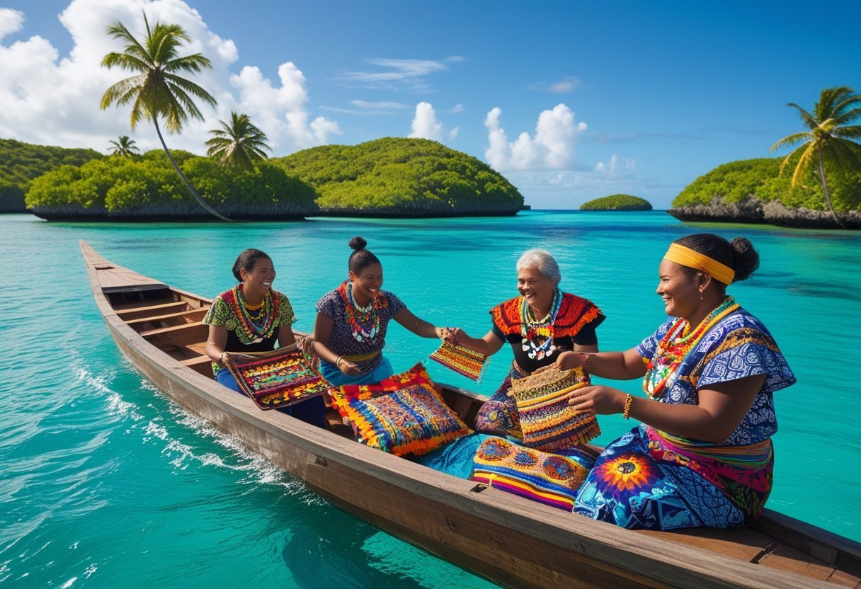 A boat on clear turquoise water near small tropical islands with Guna people in traditional clothing interacting with tourists.