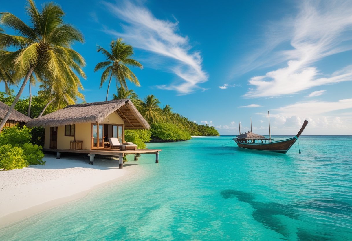 A tropical island with an overwater bungalow surrounded by palm trees and clear turquoise water, with a wooden boat anchored near the shore.