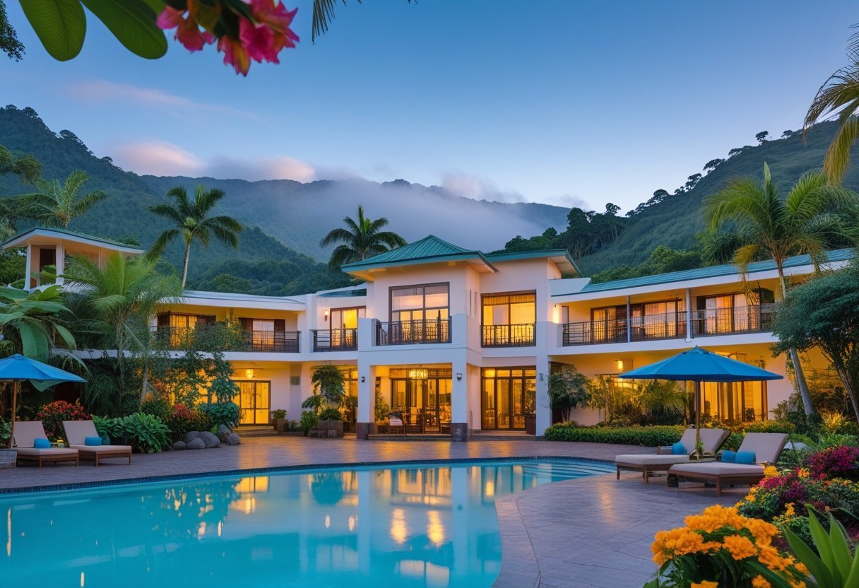 A luxurious hotel surrounded by tropical plants and mountains with a swimming pool in front.