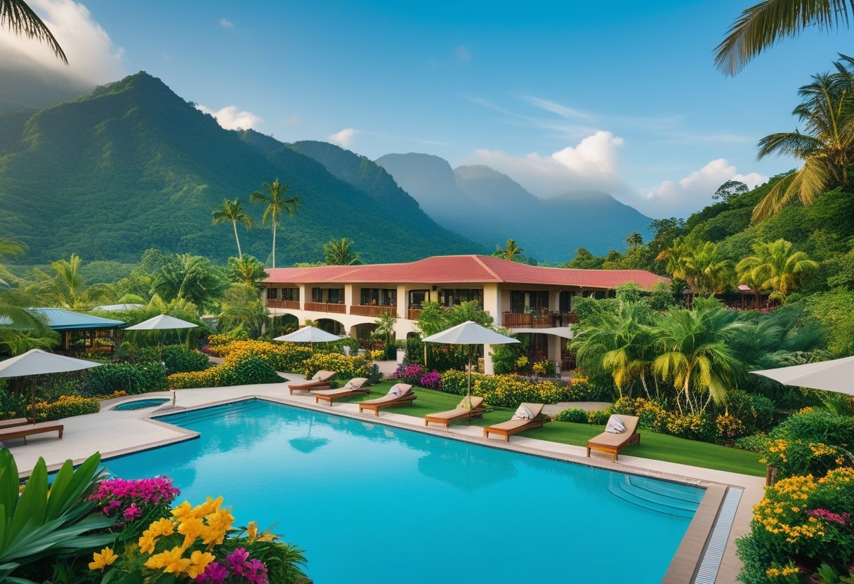 A luxurious hotel surrounded by green mountains and tropical plants with a swimming pool in the foreground under a clear blue sky.