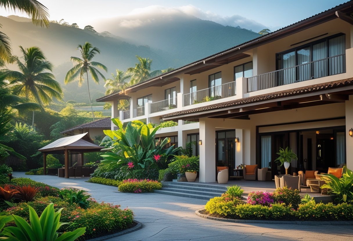 A luxurious hotel exterior surrounded by tropical plants and mountains in the background.