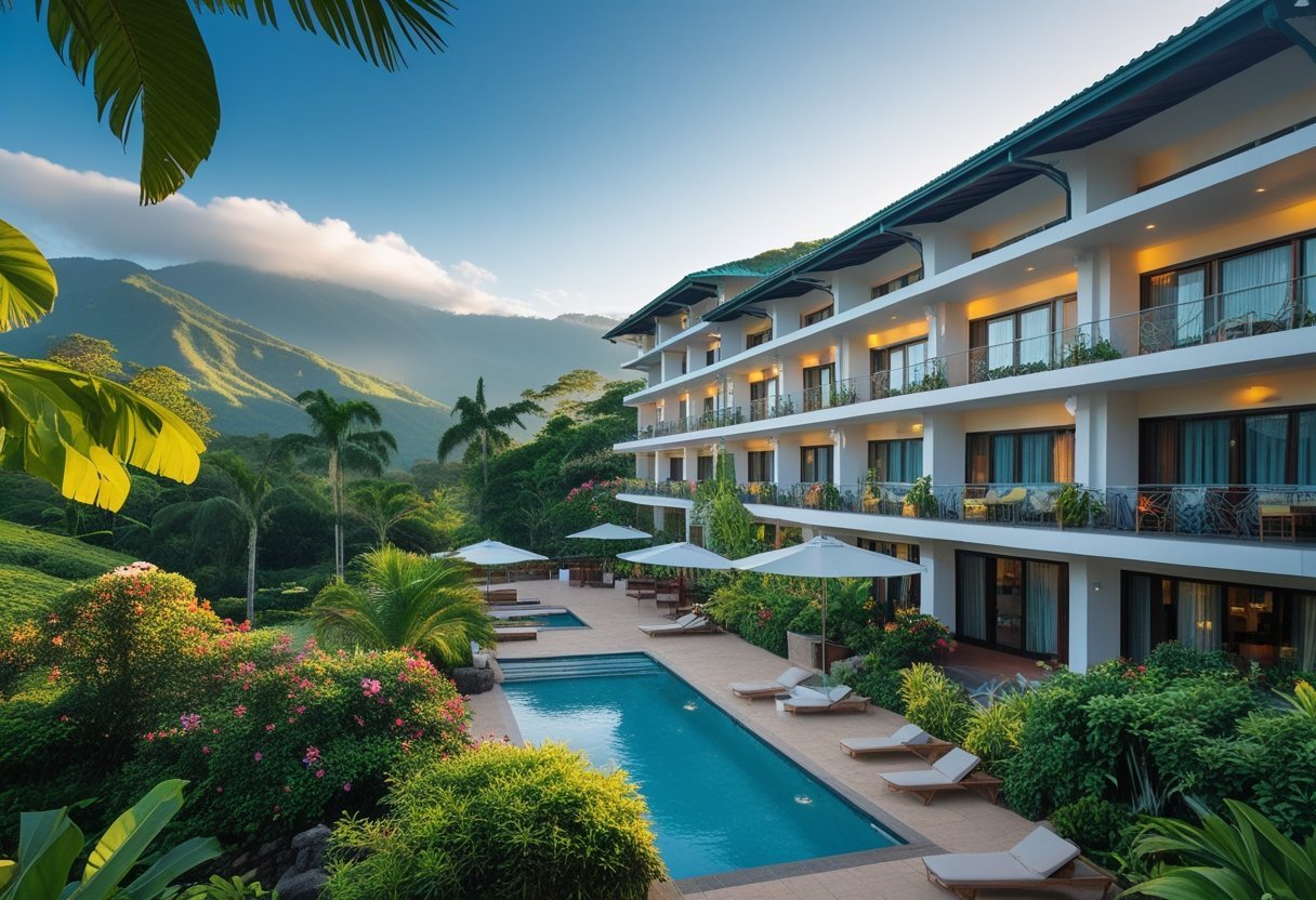 A modern hotel surrounded by tropical plants and mountains in Boquete, Panama, with a pool and clear sky.