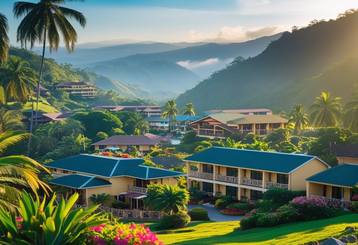 View of several hotels surrounded by greenery and mountains in Boquete, Panama under a clear sky.