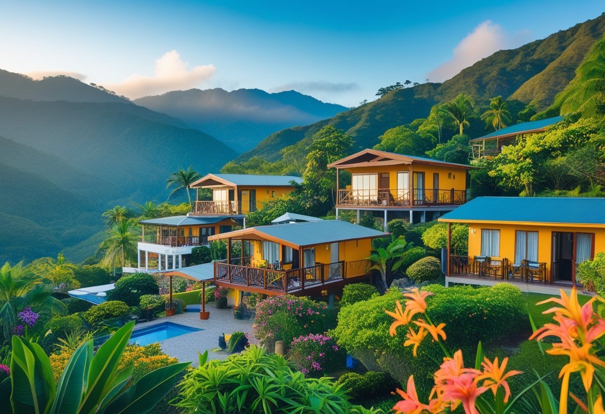 Vacation homes and cabins surrounded by greenery and mountains in Boquete, Panama.