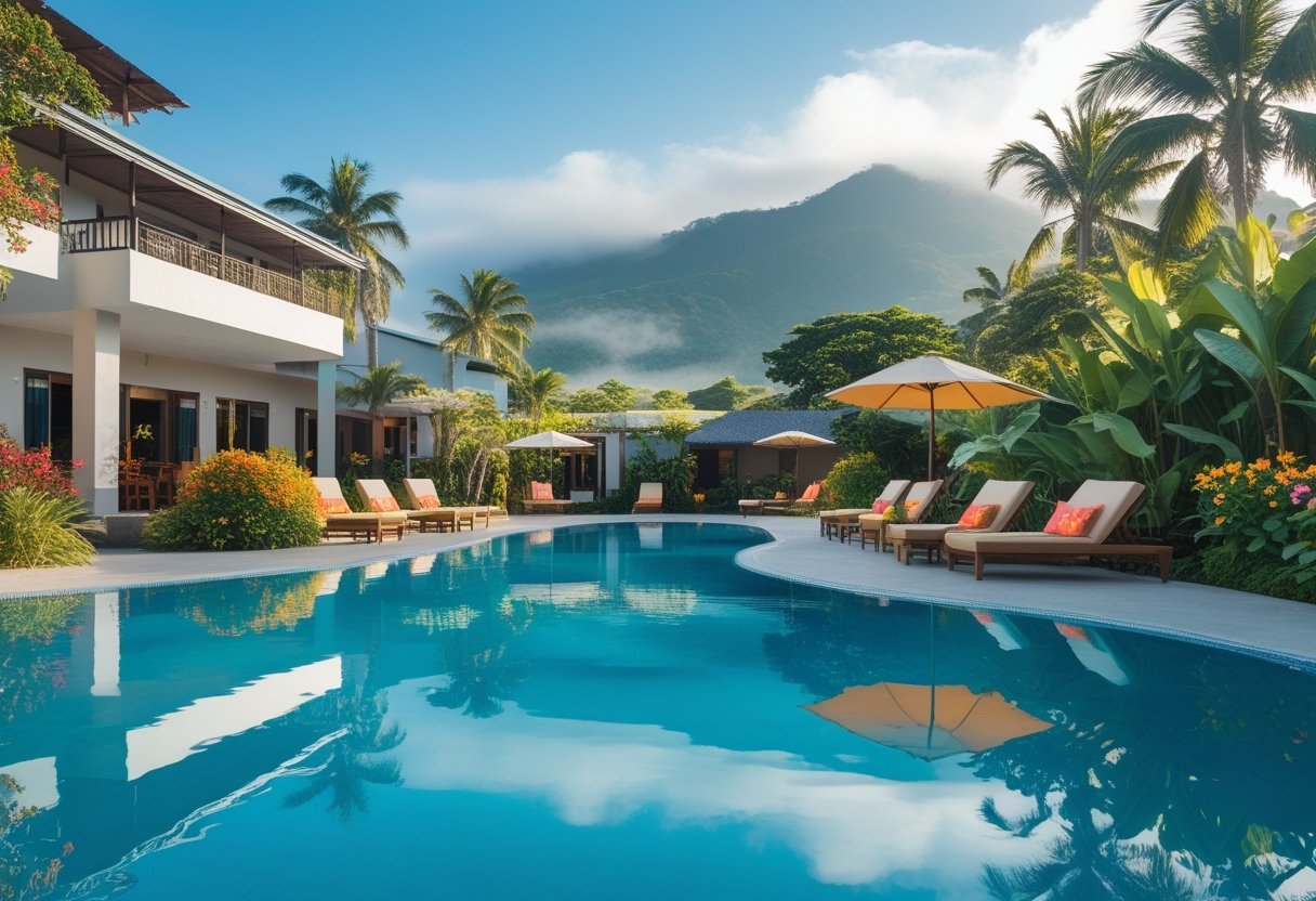 A modern hotel with a swimming pool surrounded by tropical plants and mountains in the background.