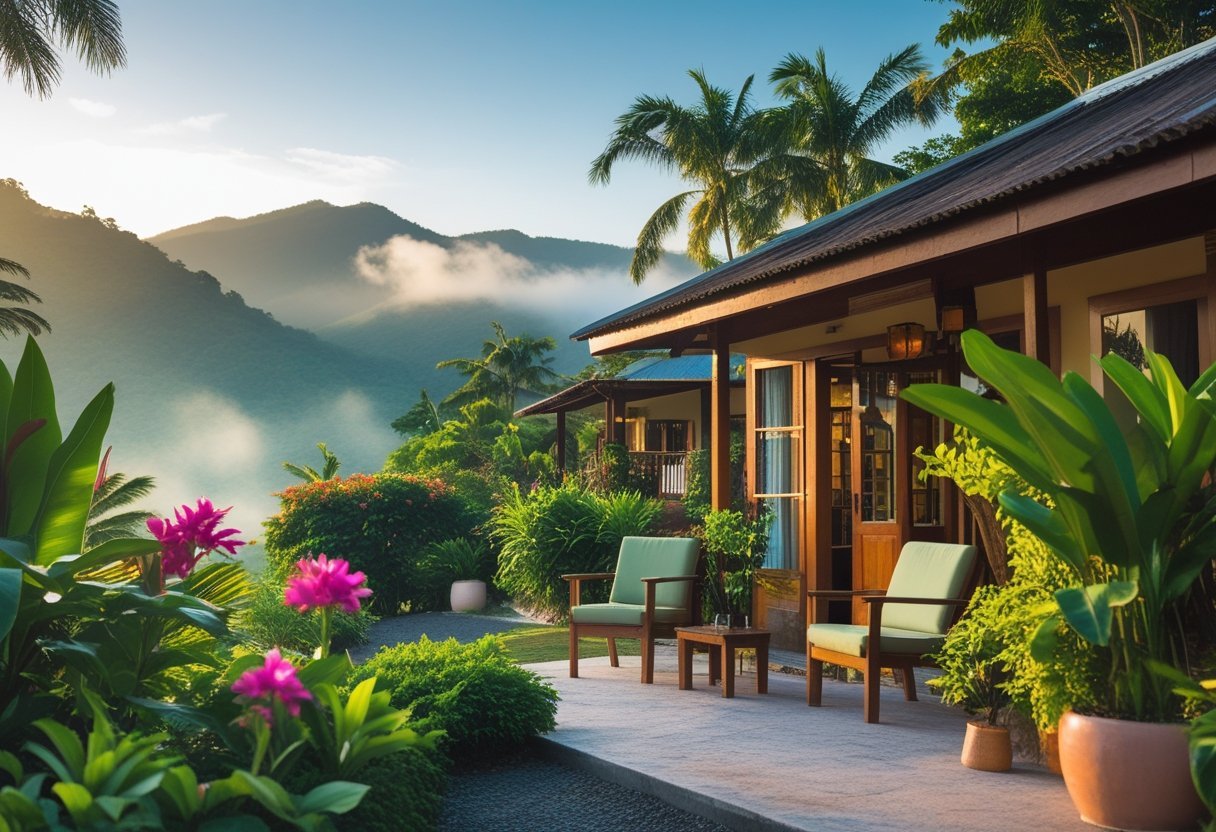 A peaceful boutique hotel surrounded by tropical plants and mountains under a clear sky with outdoor seating in front.
