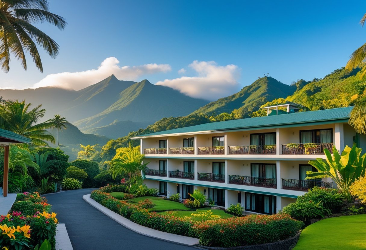 A hotel surrounded by tropical gardens and mountains in Boquete, Panama.