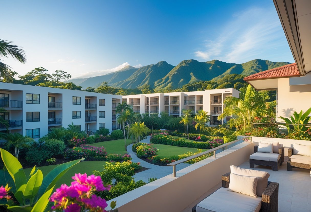 Modern apartment buildings surrounded by tropical plants with mountains in the background and a clear blue sky.