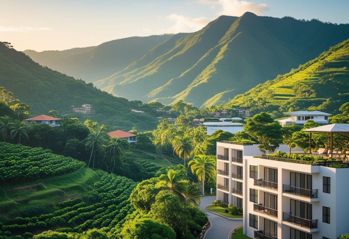 View of modern apartments surrounded by green mountains and tropical vegetation in Boquete, Panama.