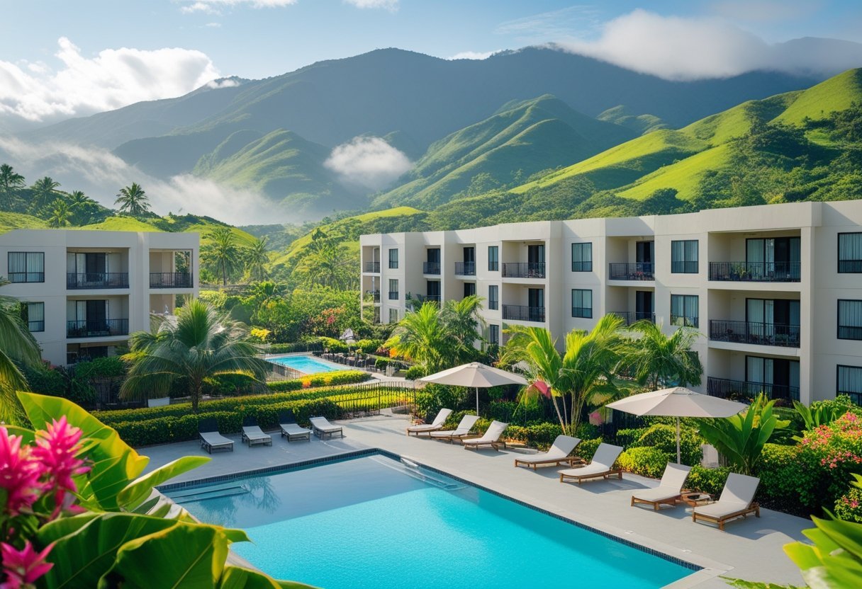 Modern apartment buildings surrounded by tropical plants with a swimming pool and green hills in the background.