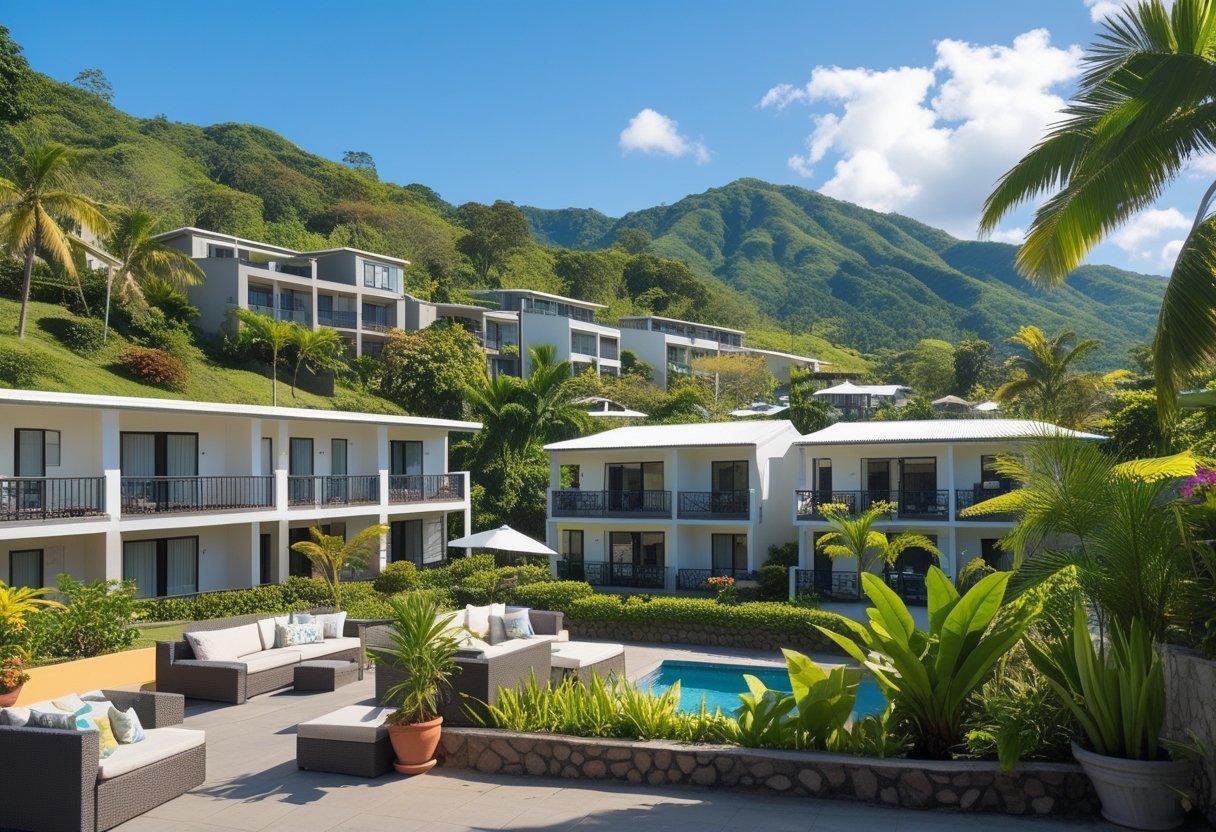 View of apartments surrounded by green hills and tropical plants in Boquete, Panama, under a clear blue sky.