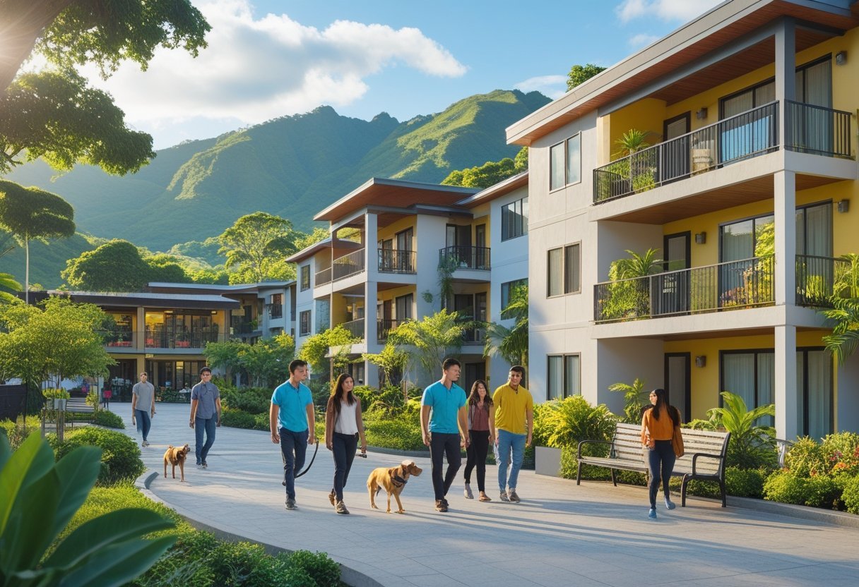 Modern apartment buildings surrounded by green mountains and people enjoying outdoor communal spaces in Boquete, Panama.