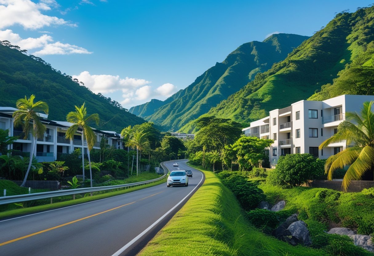A winding road through green mountains with modern apartments in the background and cars driving along the road under a clear blue sky.