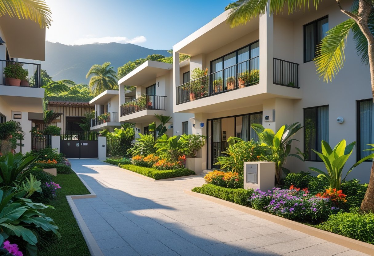 Modern apartment buildings surrounded by tropical plants and mountains, with a clean pathway and secure entry gates in Boquete, Panama.