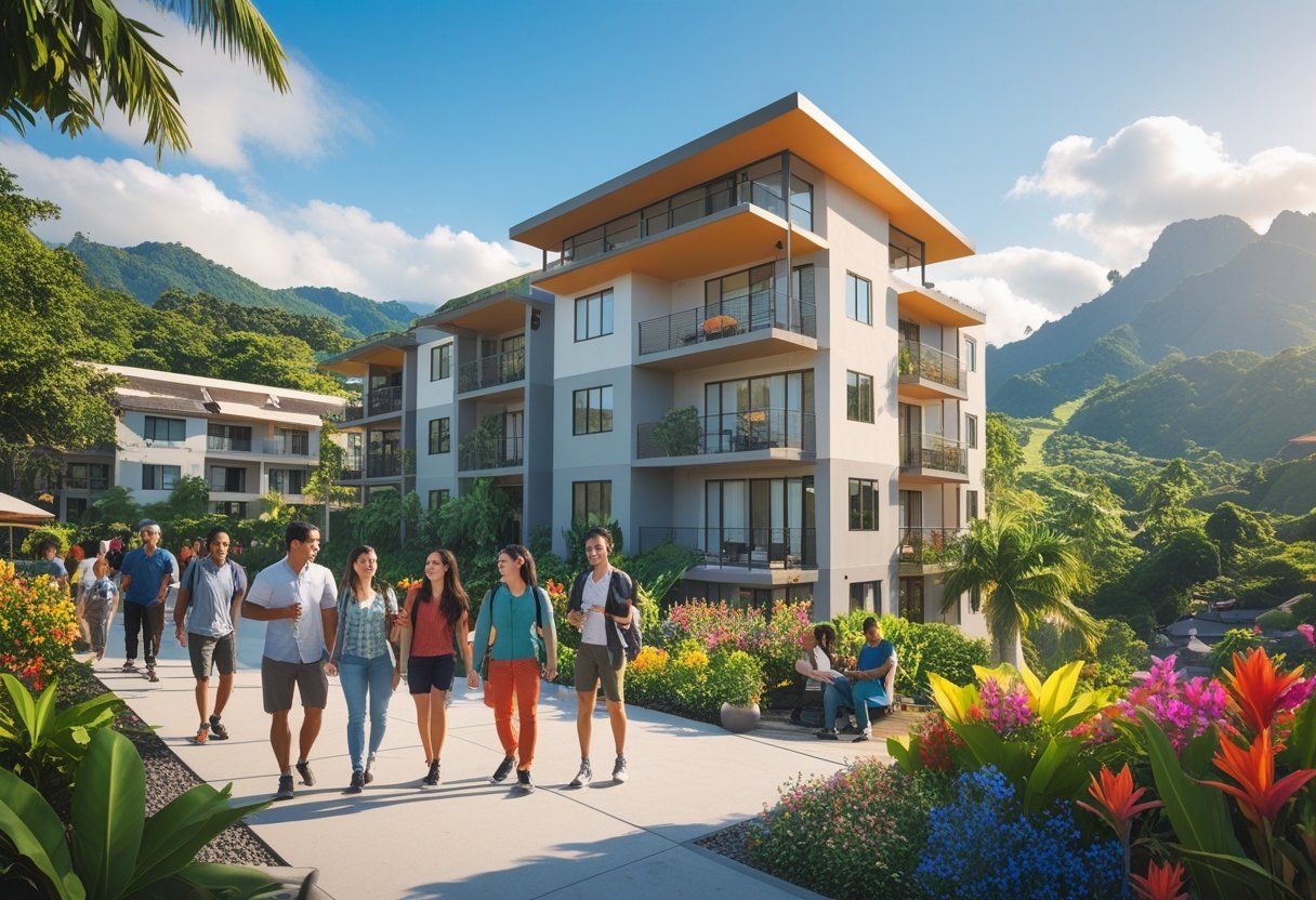 Modern apartments surrounded by tropical plants with people enjoying outdoor activities and mountain views in the background.
