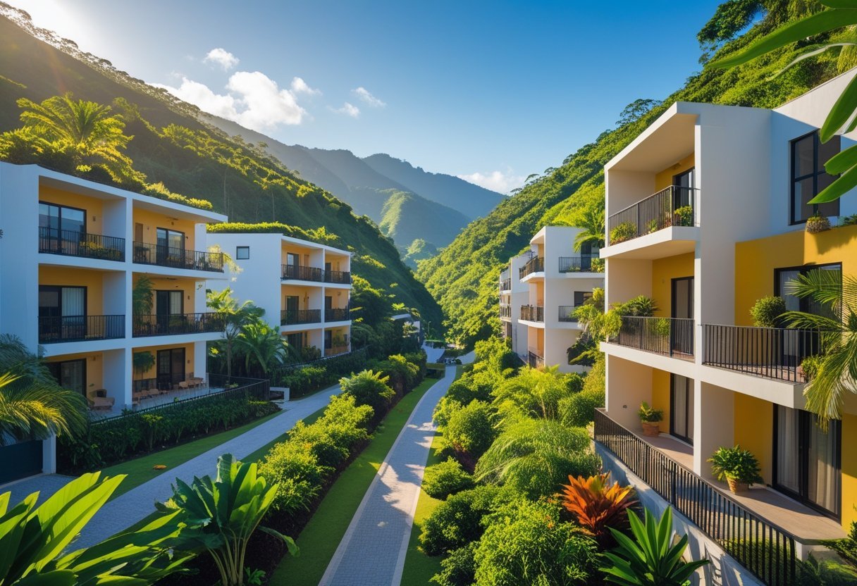 Modern apartments surrounded by green hills and tropical plants under a clear blue sky.