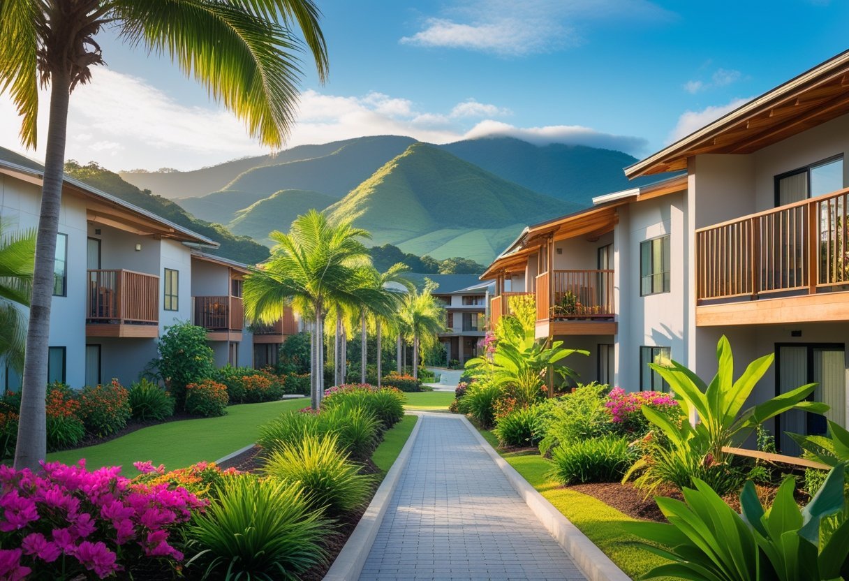 A peaceful residential neighborhood with modern apartments surrounded by tropical plants, palm trees, and green hills under a clear sky.