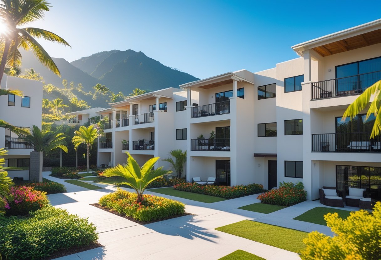 A modern apartment complex surrounded by tropical plants and mountains in the background under a clear sky.