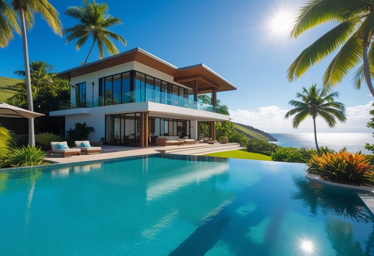 A luxurious tropical villa with a swimming pool surrounded by palm trees and greenery under a clear blue sky.