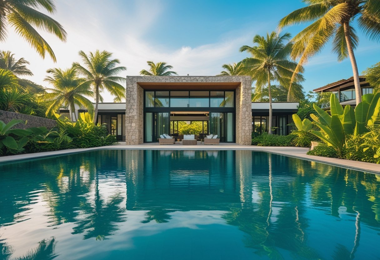 A luxurious tropical villa with a swimming pool surrounded by palm trees and tropical plants under a clear blue sky.
