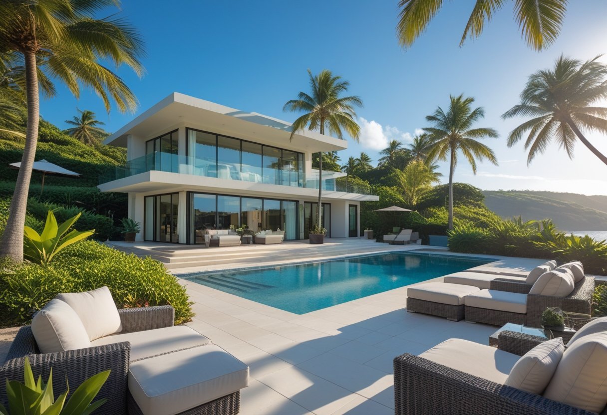 A luxurious villa with a private pool surrounded by palm trees and tropical plants on a sunny day.