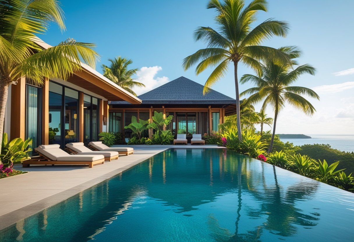 A luxurious tropical villa with an infinity pool surrounded by palm trees and tropical plants under a clear blue sky.