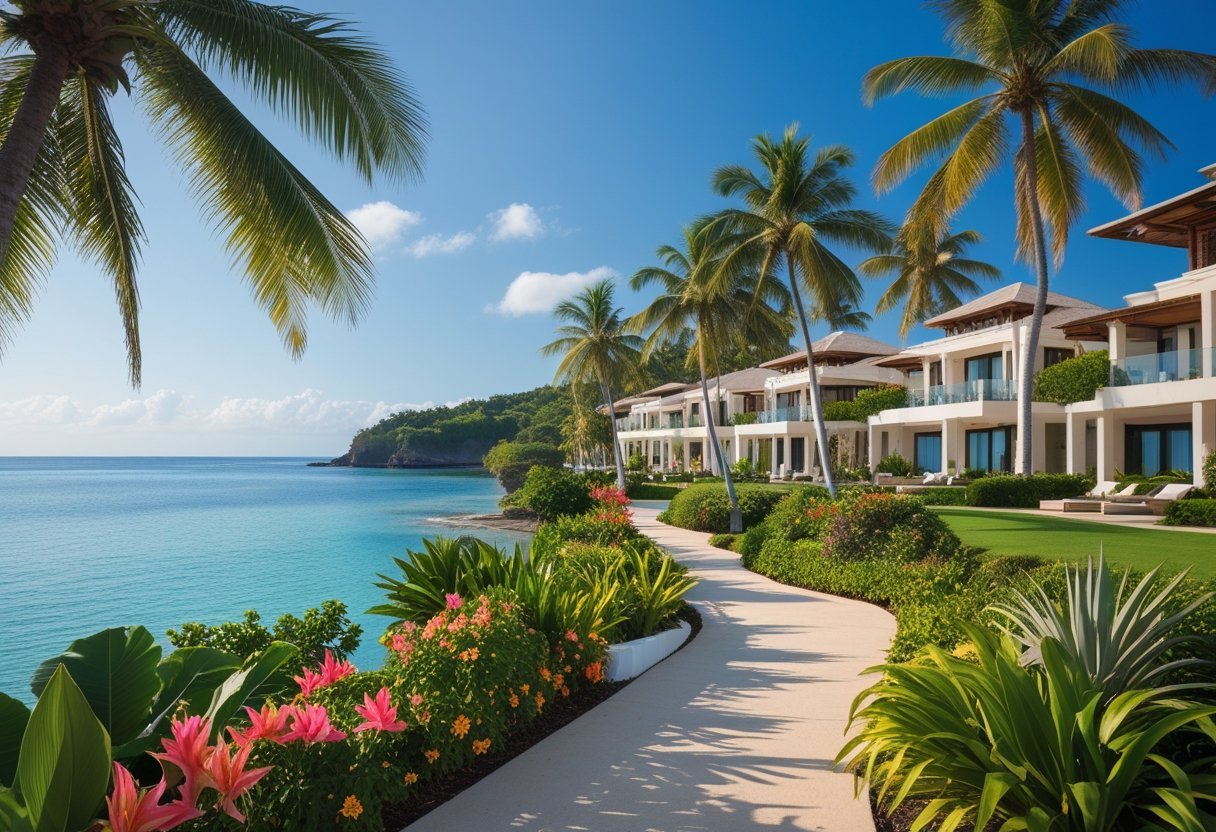 Scenic view of modern villas surrounded by tropical greenery and palm trees near the ocean in Cocolí, Panama.