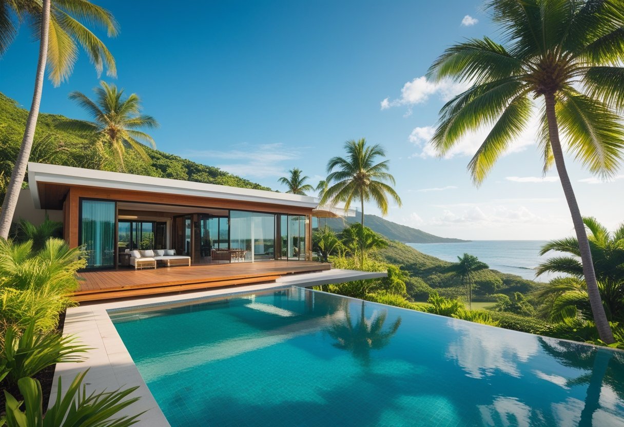 A luxurious tropical villa with a swimming pool surrounded by palm trees and tropical plants under a clear blue sky.
