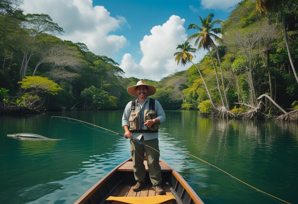 A tour guide stands on a wooden boat on Gatun Lake surrounded by tropical rainforest and wildlife, holding a fishing rod.