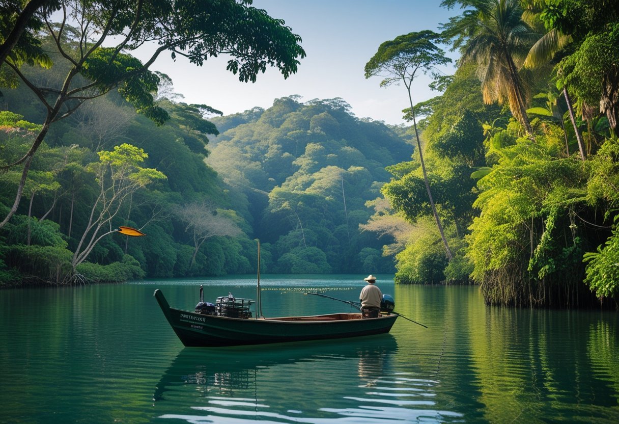 A small boat on a calm lake surrounded by dense tropical forest with birds, a monkey in the trees, and a crocodile near the water's edge.