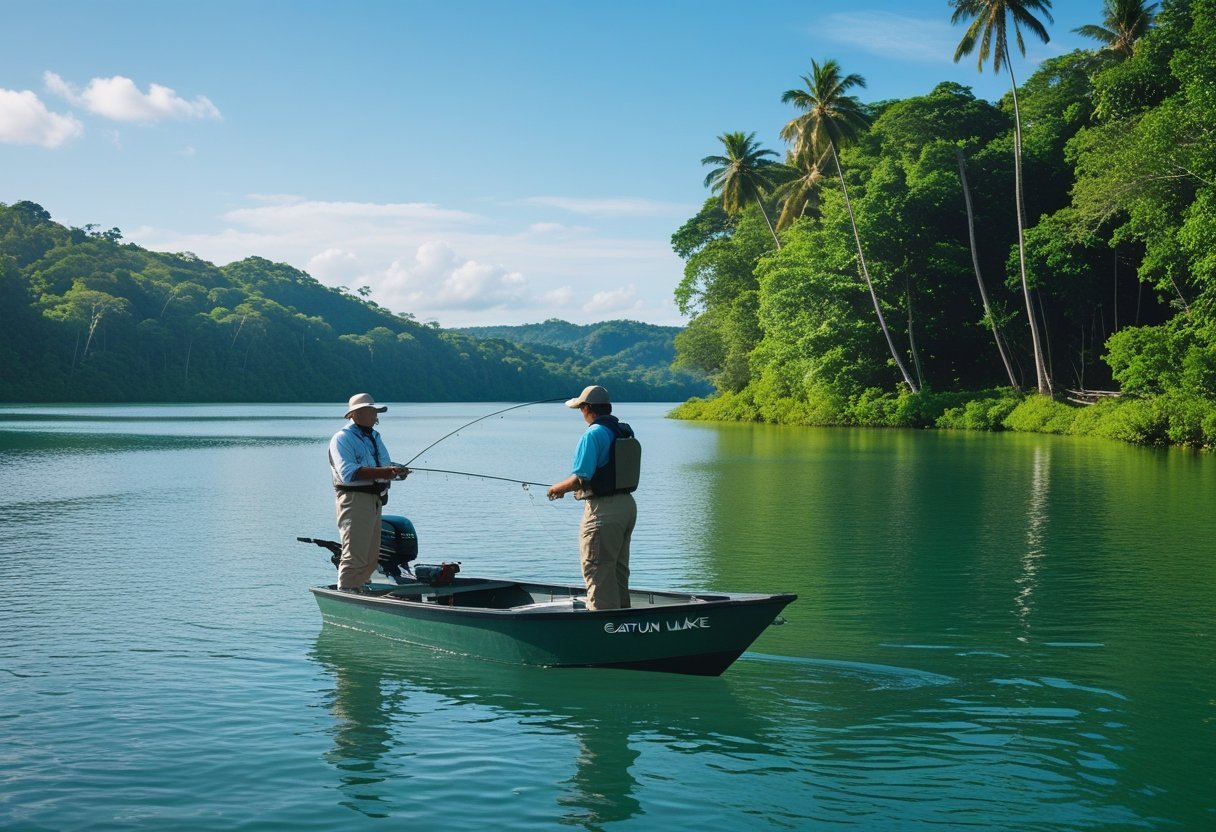 A fishing boat with two people on a calm tropical lake surrounded by dense rainforest under a clear sky.