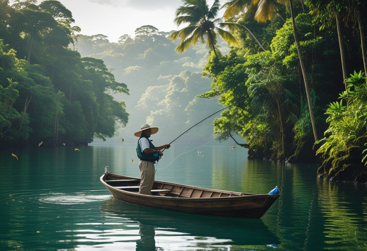 A local guide and tourist in a small boat fishing on Gatun Lake surrounded by dense tropical rainforest and wildlife.