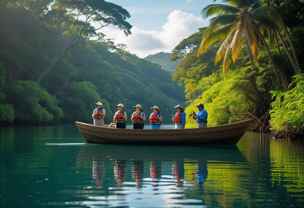 Tourists on a boat in Gatun Lake surrounded by tropical rainforest, observing wildlife and fishing.