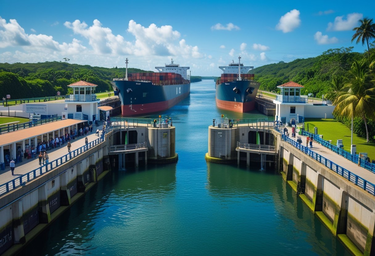 View of the Panama Canal Miraflores Locks with cargo ships passing through and tourists observing from the visitor center.