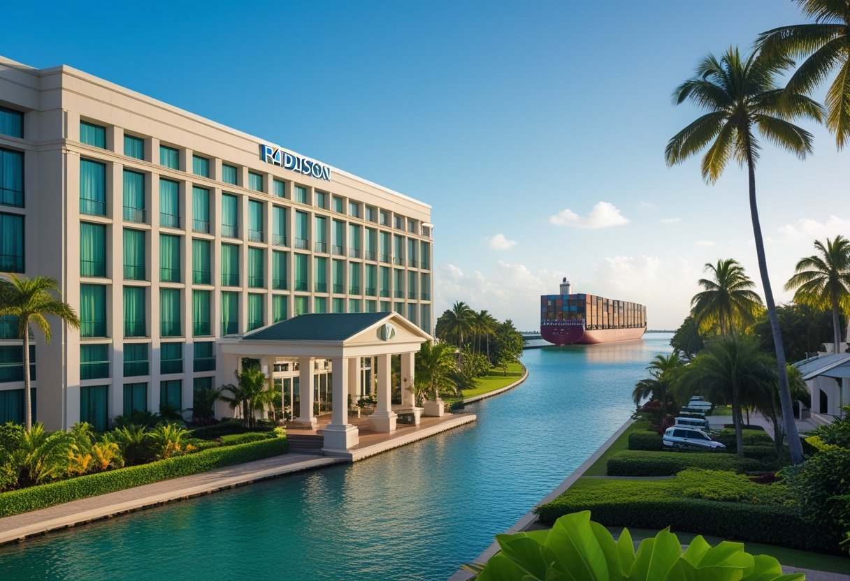 Modern hotel building near the Panama Canal with tropical trees and a cargo ship passing through the waterway under a clear sky.