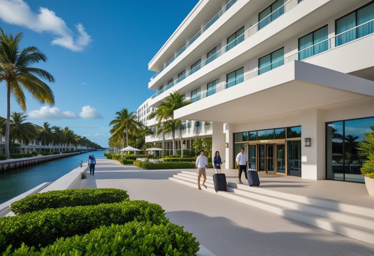Exterior view of the Radisson Hotel near the Panama Canal with guests walking and tropical greenery around.
