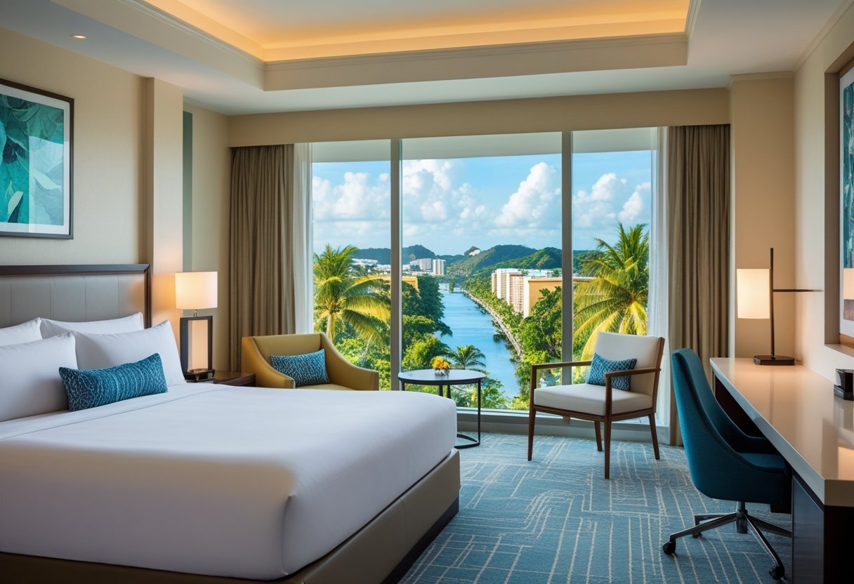 A modern hotel room with a king-size bed, seating area, work desk, and large windows showing a city view with greenery and water.