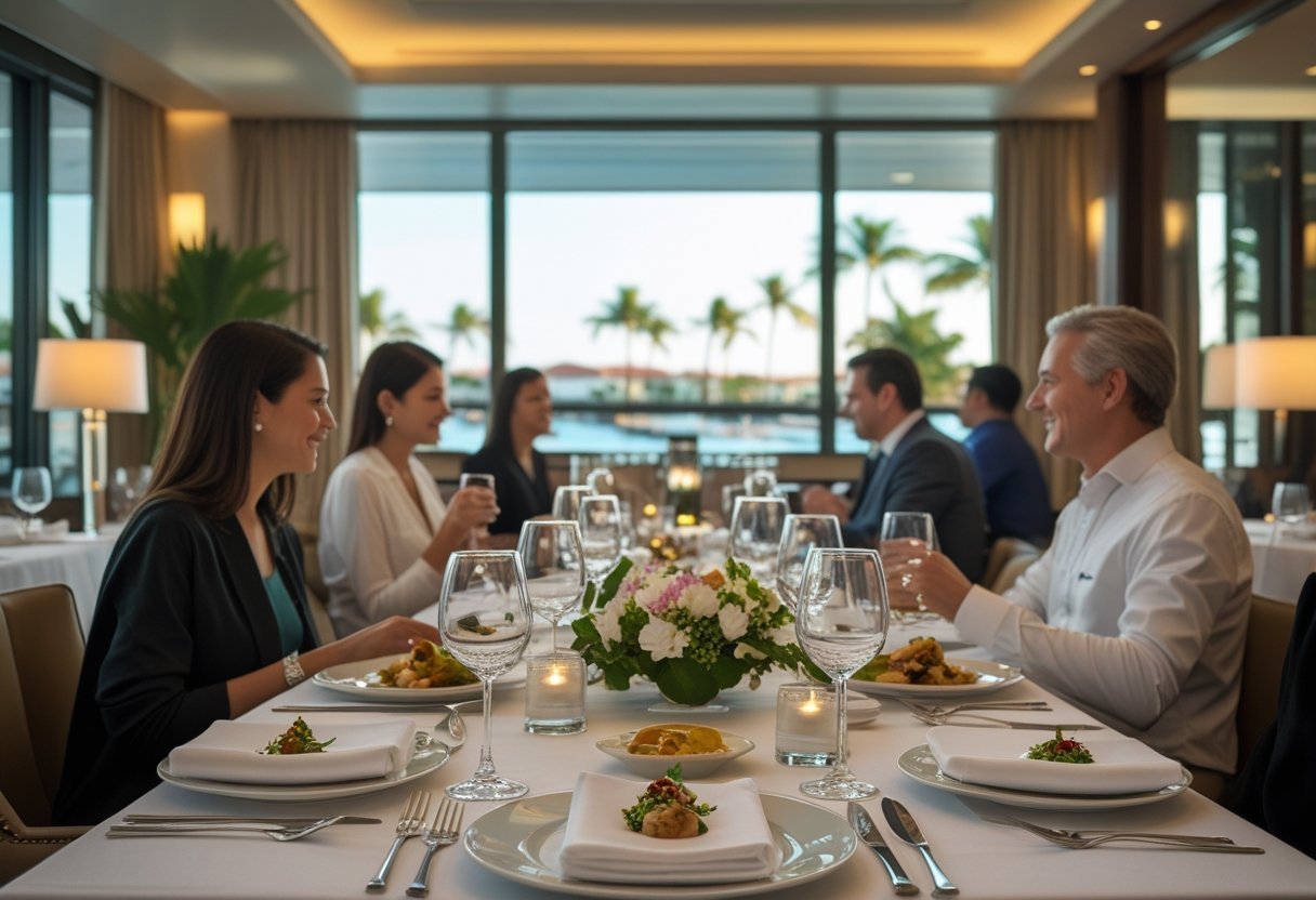 Guests enjoying a fine dining experience at a hotel restaurant with a view of the Panama Canal through large windows.